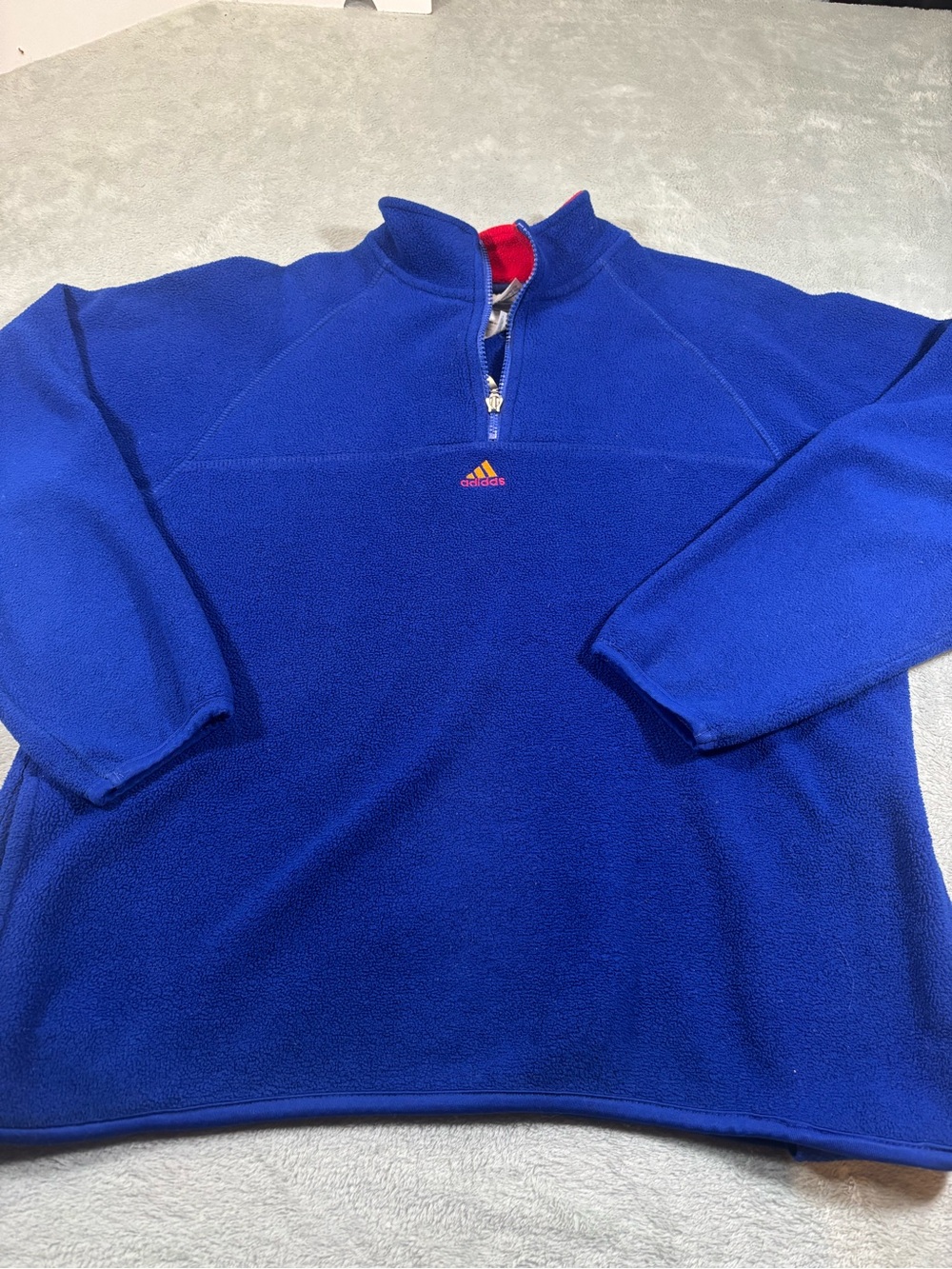 Vintage Adidas Quarter Zip Fleece Pullover Royal Blue Red Youth 18/20 Fits Men's